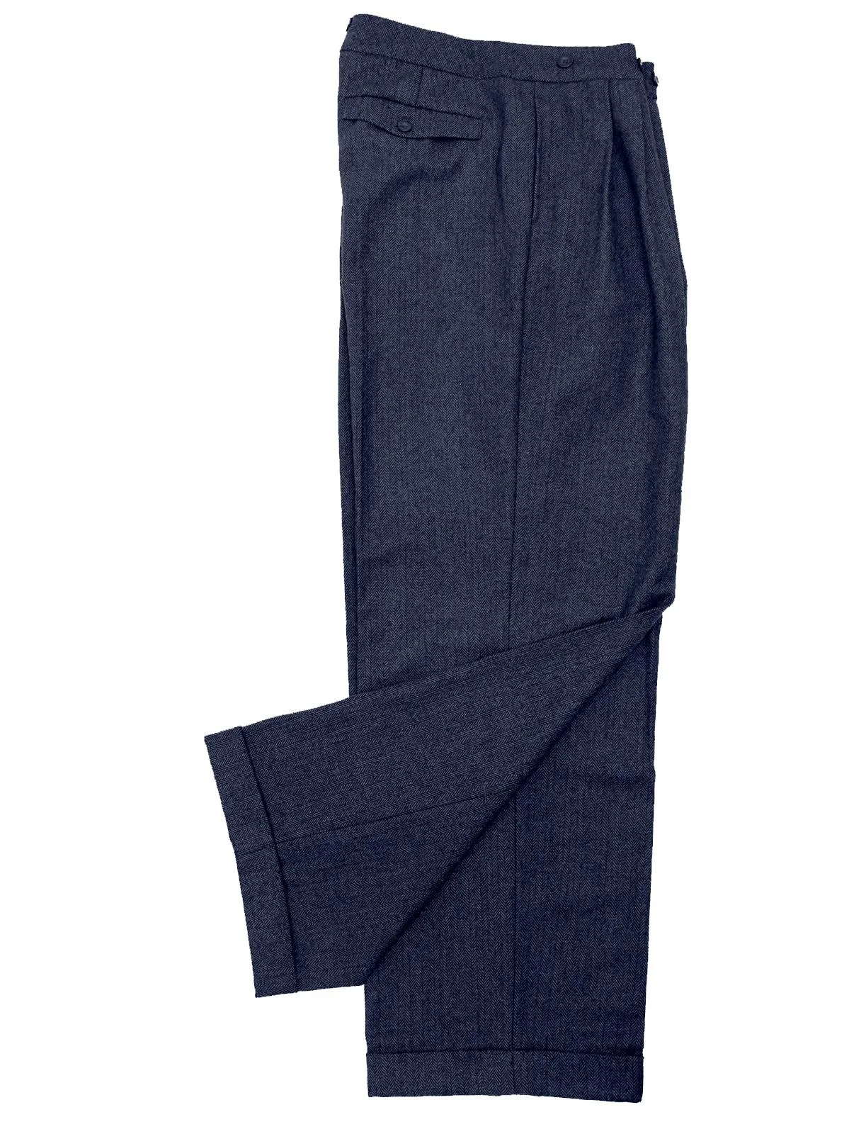 1940s Vintage Granville Herringbone Wool Bag Trousers in Navy Blue