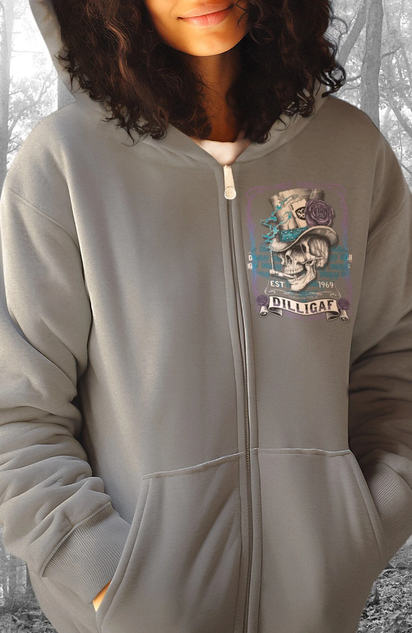 Blue and Purple Scroll Skull Zip Up Hoody