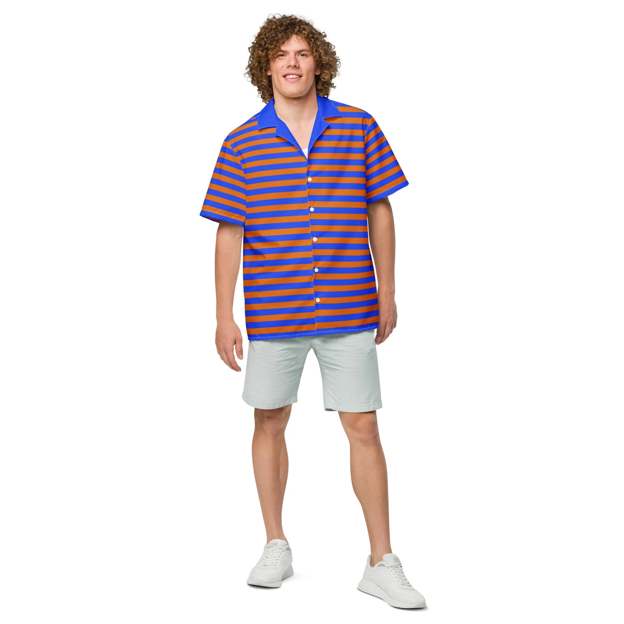 Blue Orange Striped Shirt / Button Up Shirt Short Sleeve