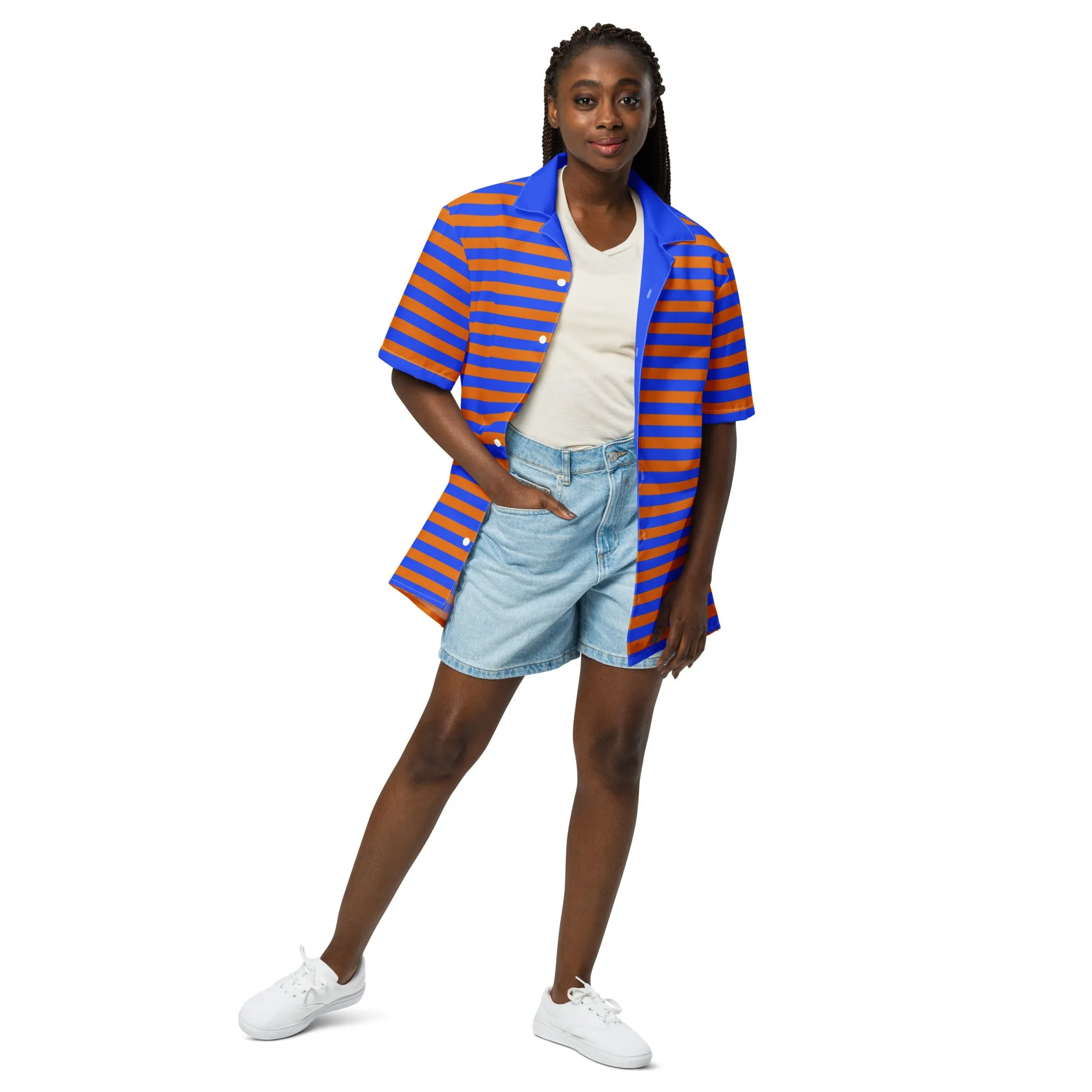 Blue Orange Striped Shirt / Button Up Shirt Short Sleeve