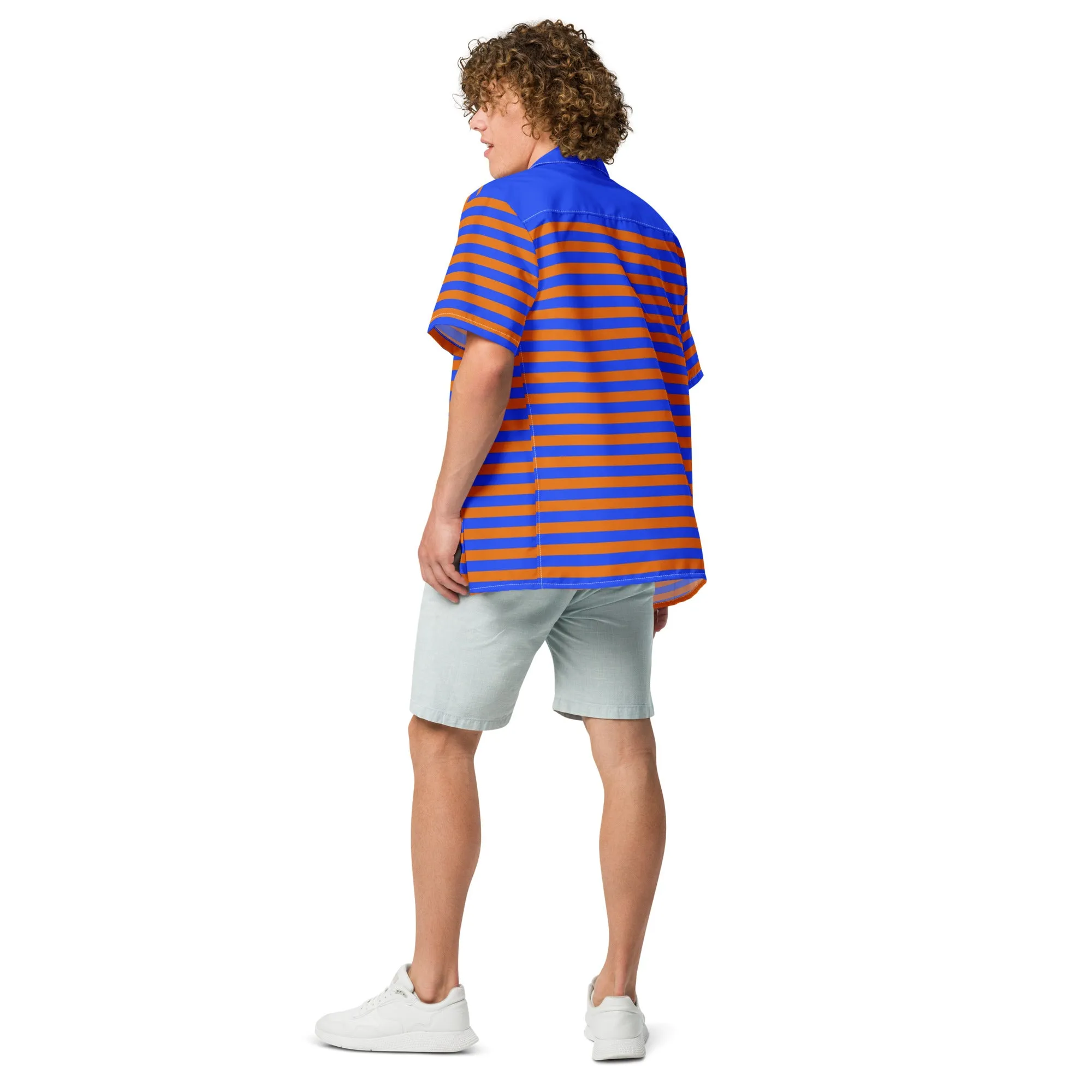 Blue Orange Striped Shirt / Button Up Shirt Short Sleeve