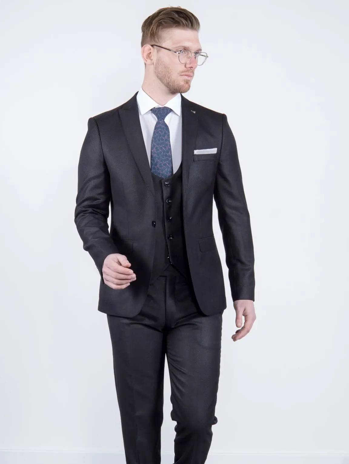 Bond Men's 3 Piece Slim Fit Black Textured Suit