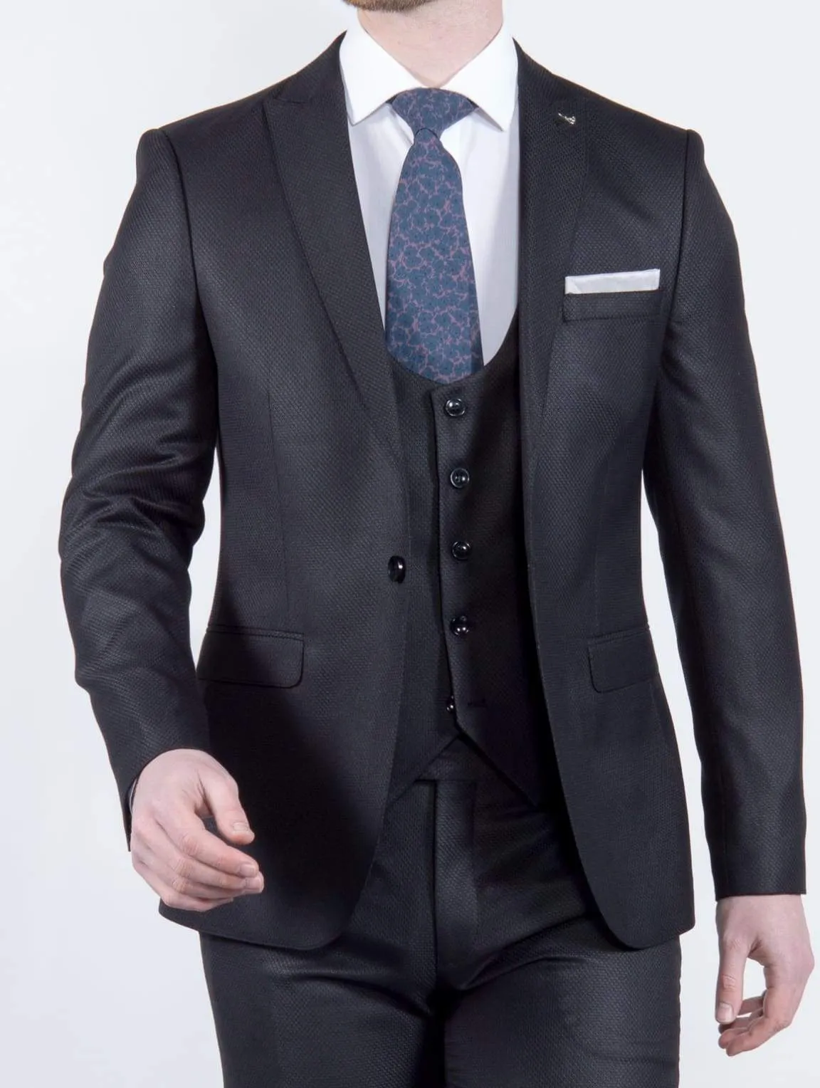 Bond Men's 3 Piece Slim Fit Black Textured Suit