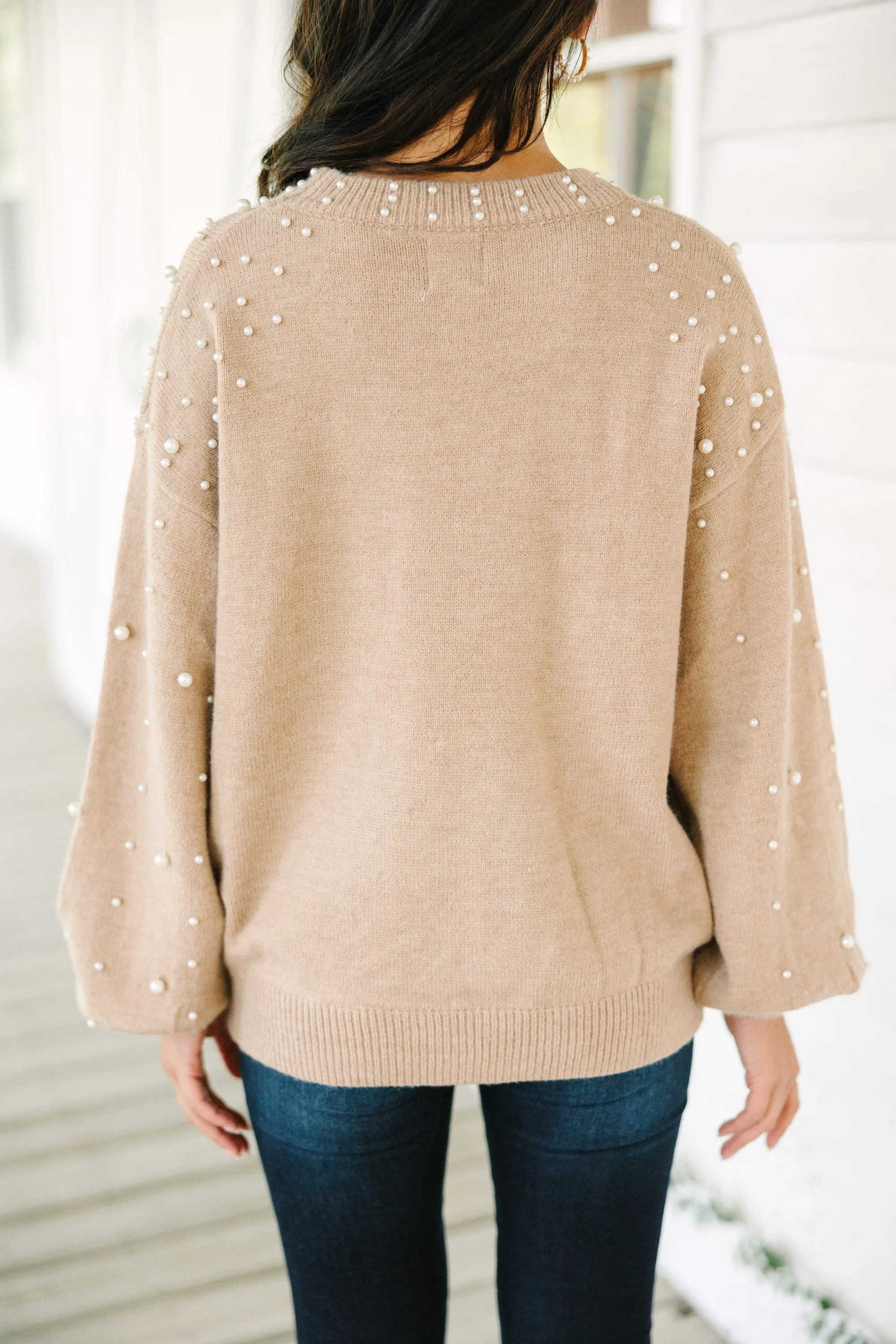 Can't Help But Love Latte Brown Pearl Studded Sweater