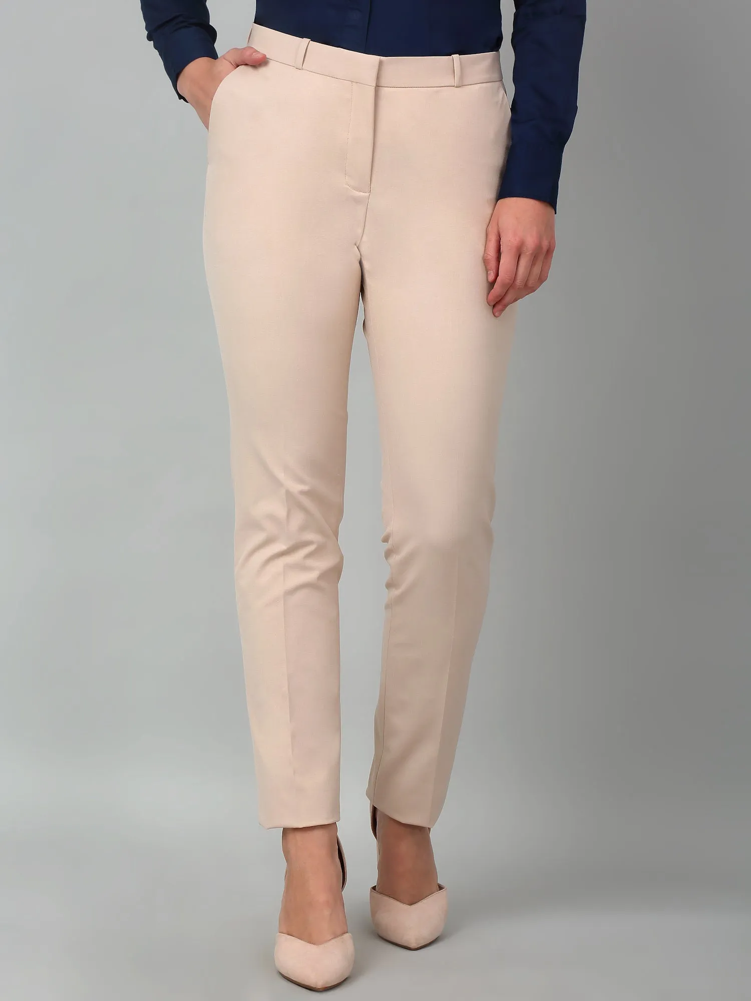 Cantabil Beige Solid Non-Pleated Formal Trouser For Women