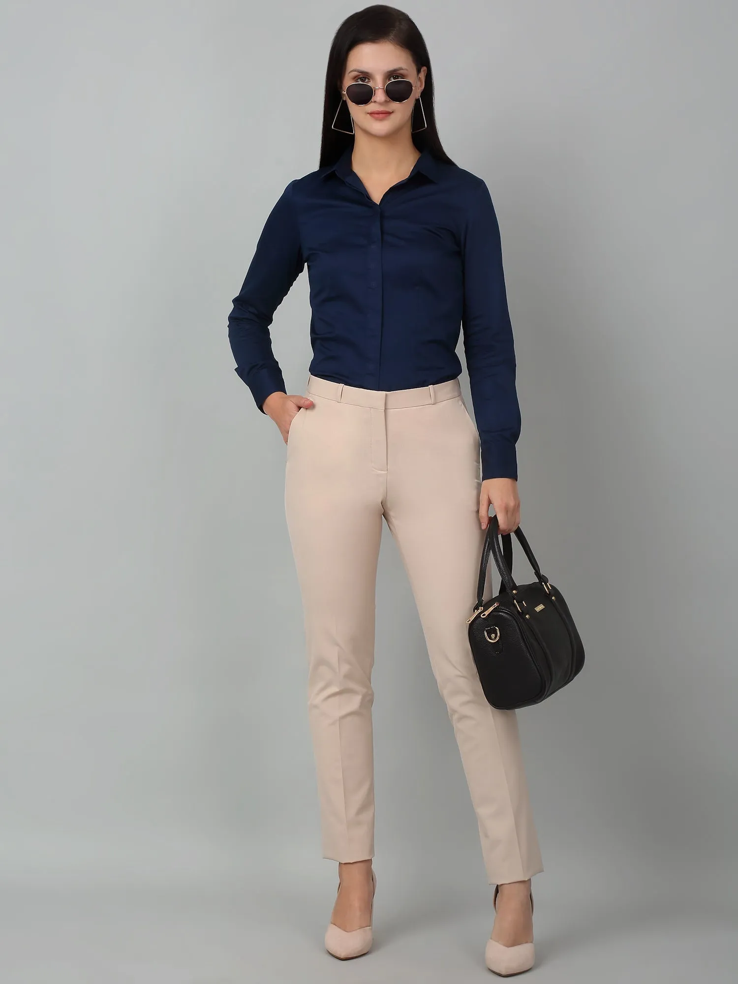 Cantabil Beige Solid Non-Pleated Formal Trouser For Women