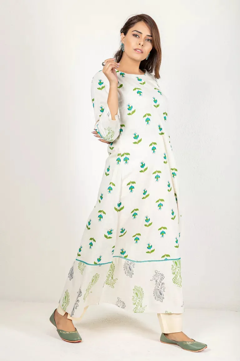 Cream With Blue & Green Cotton Flax Kurta