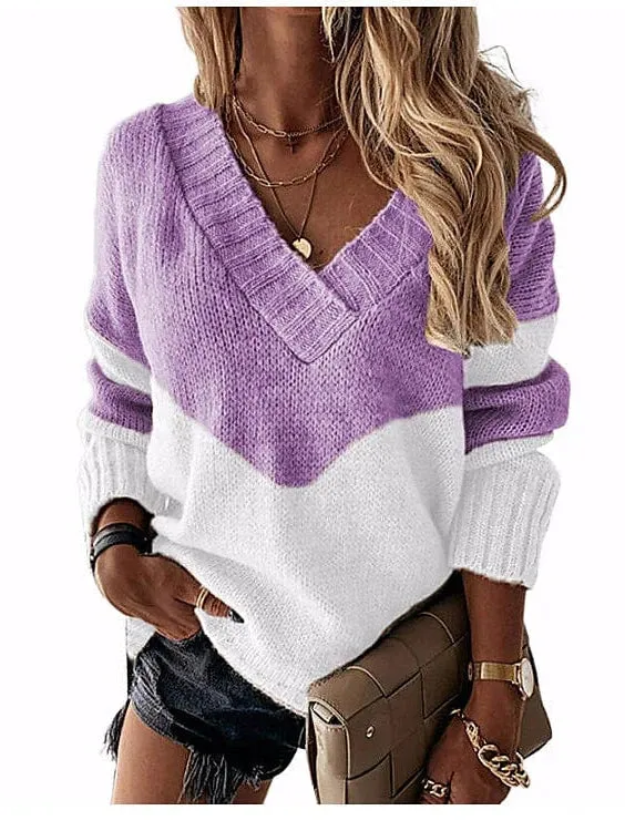 Crochet Knit Patchwork Stripe V-Neck Sweater for Women - Fall/Winter Collection