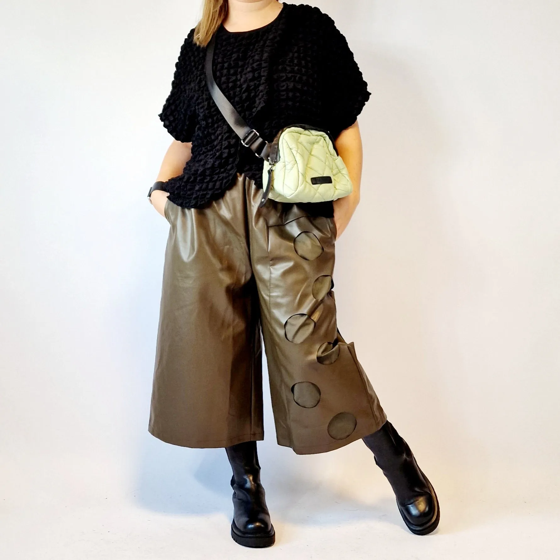 Eco Leather Khaki Trousers with Circle Pattern