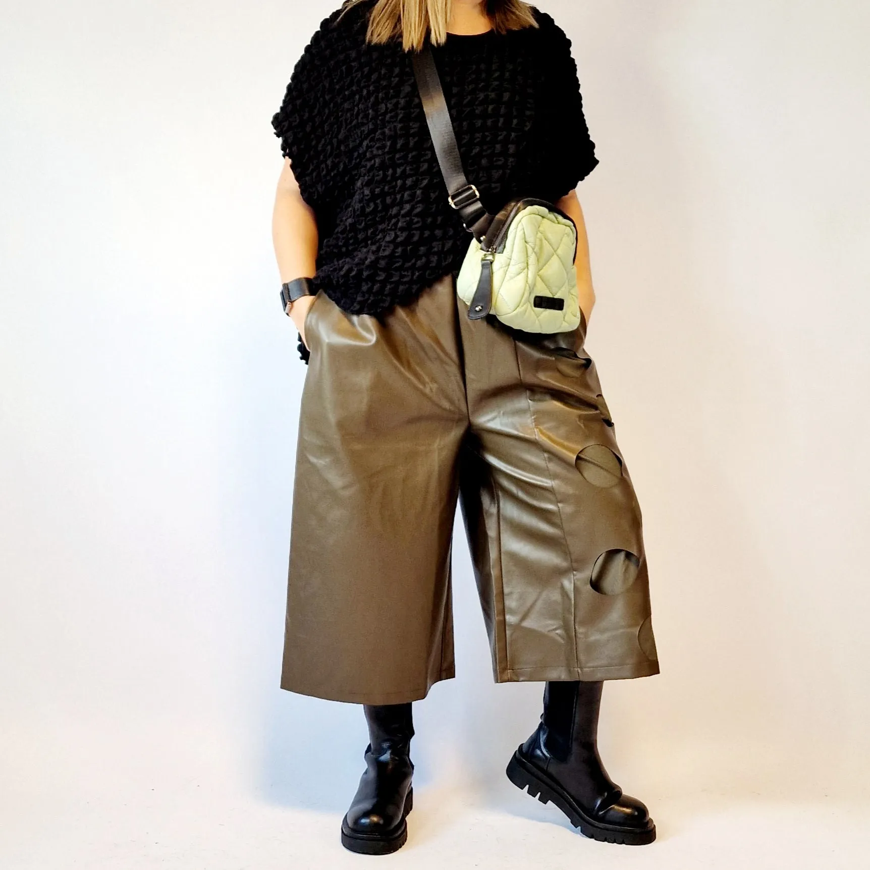 Eco Leather Khaki Trousers with Circle Pattern