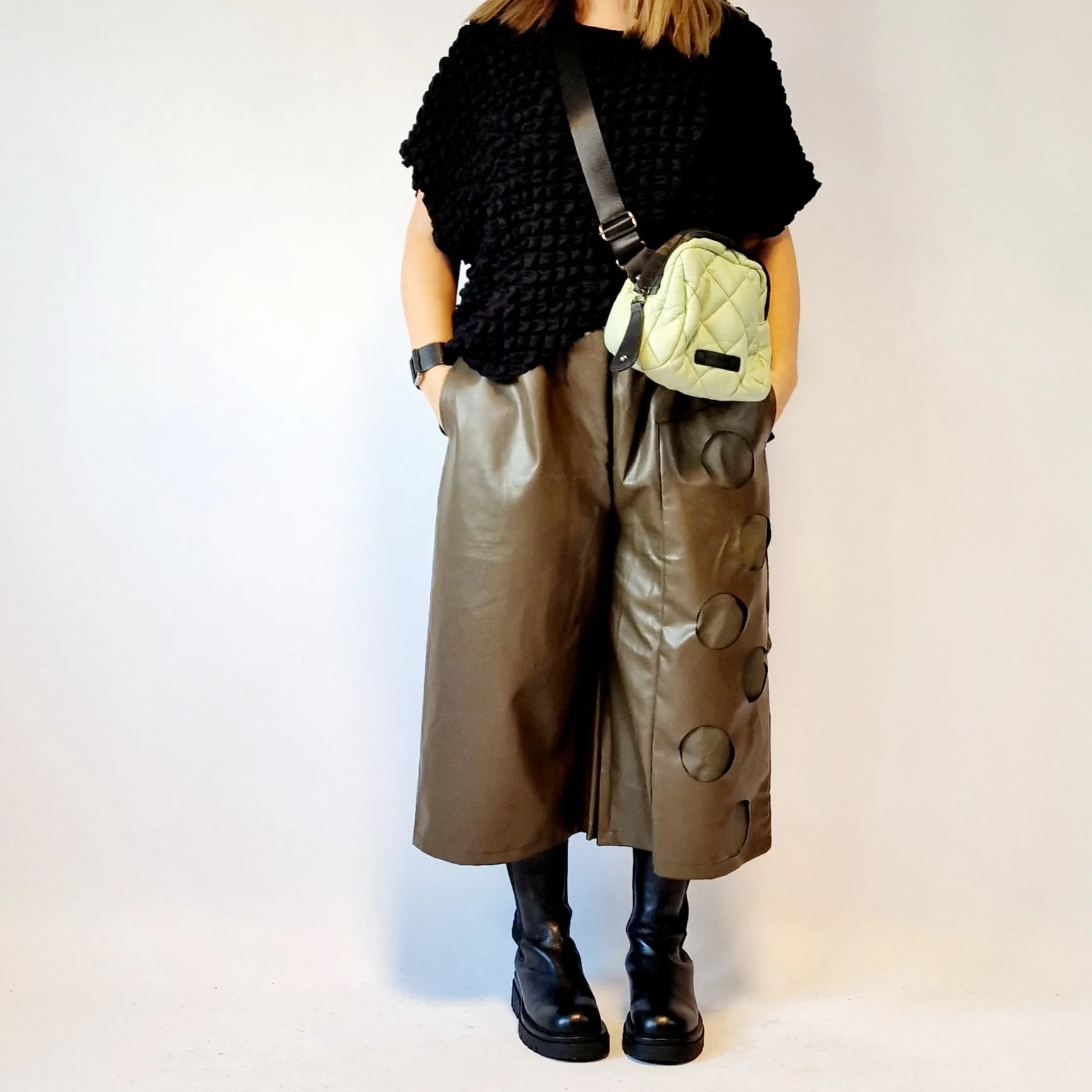 Eco Leather Khaki Trousers with Circle Pattern