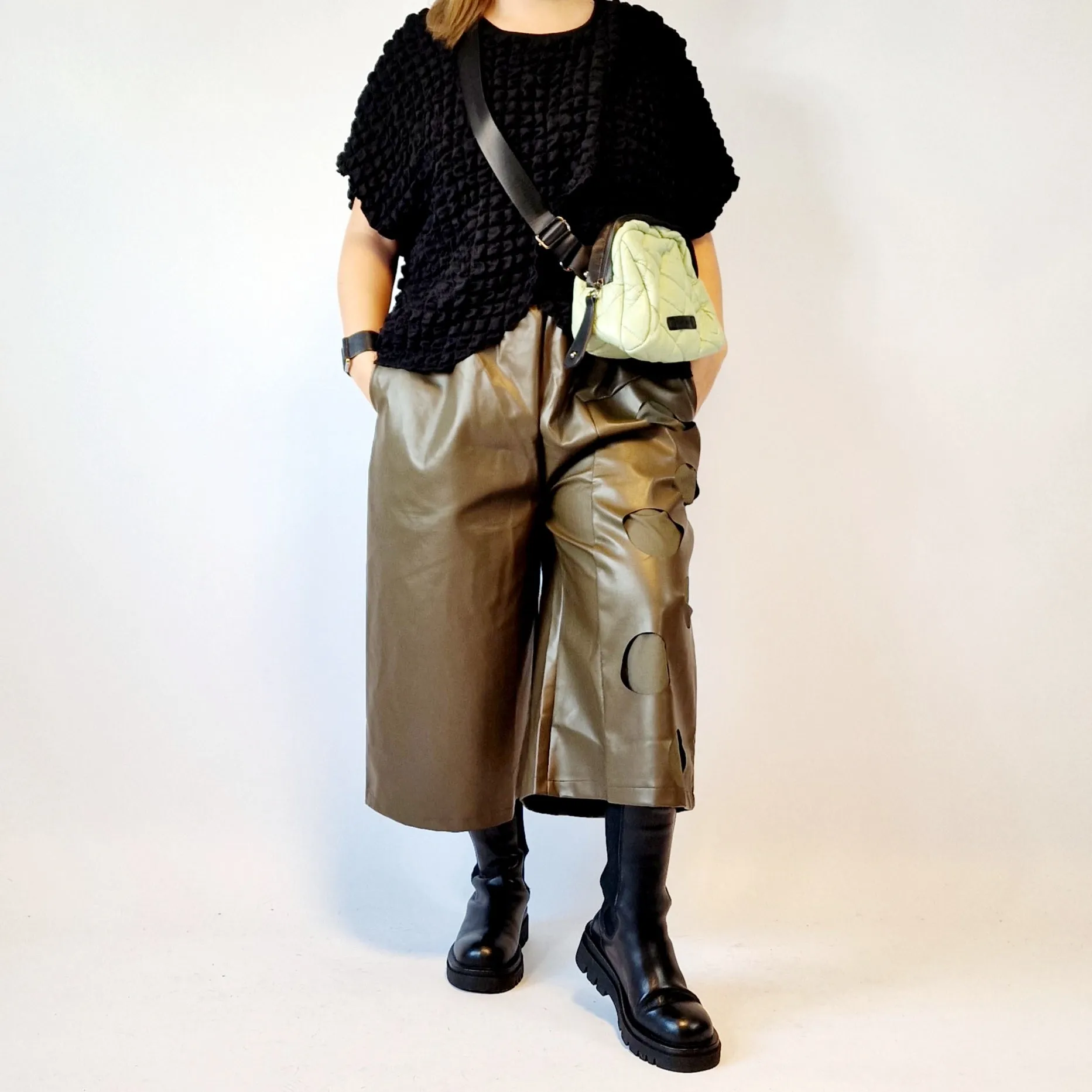 Eco Leather Khaki Trousers with Circle Pattern