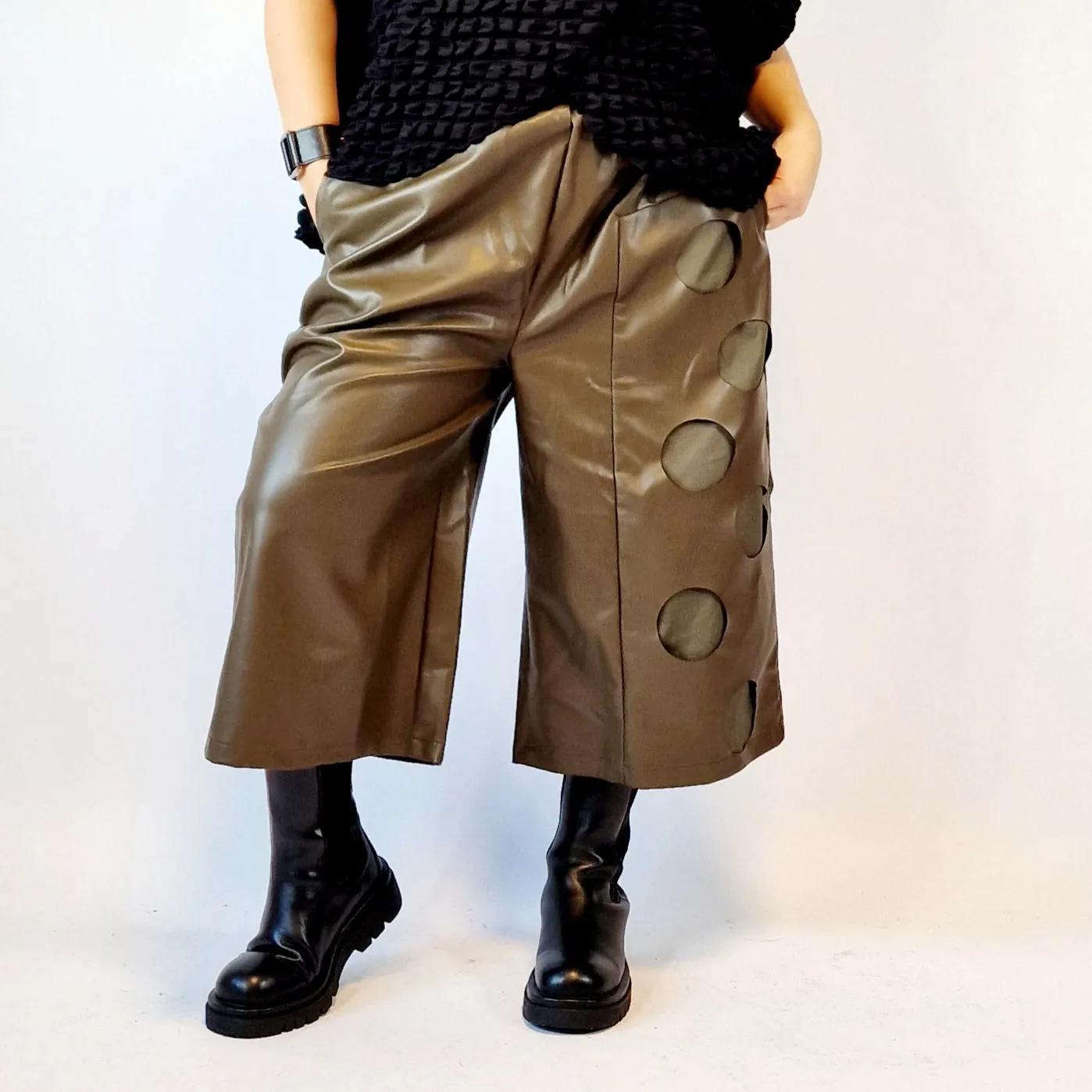 Eco Leather Khaki Trousers with Circle Pattern