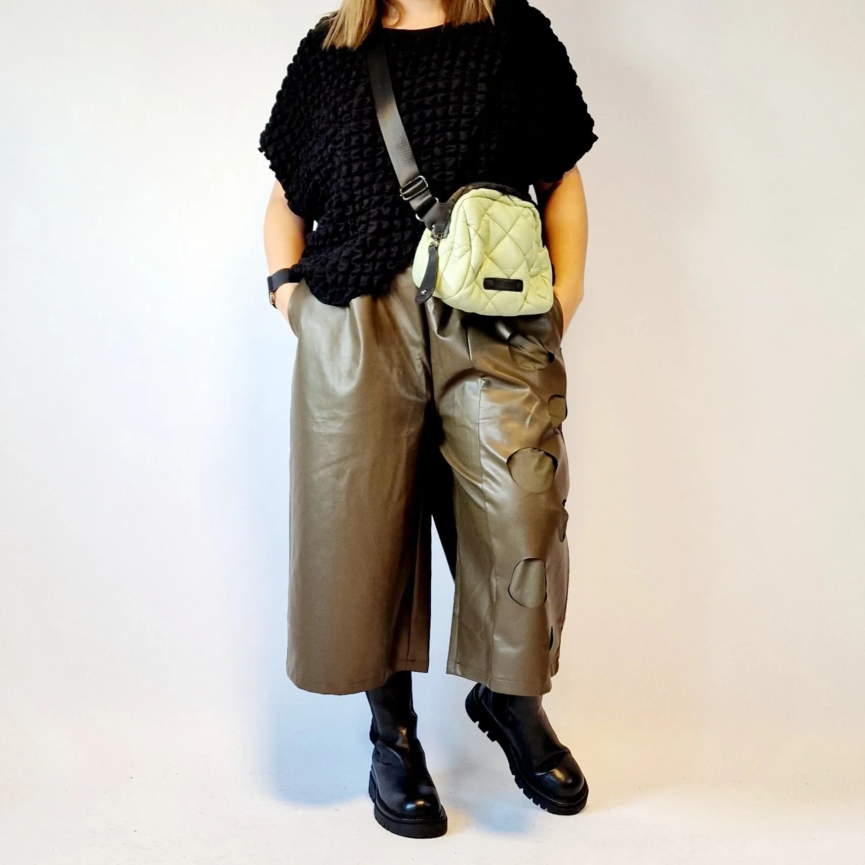 Eco Leather Khaki Trousers with Circle Pattern