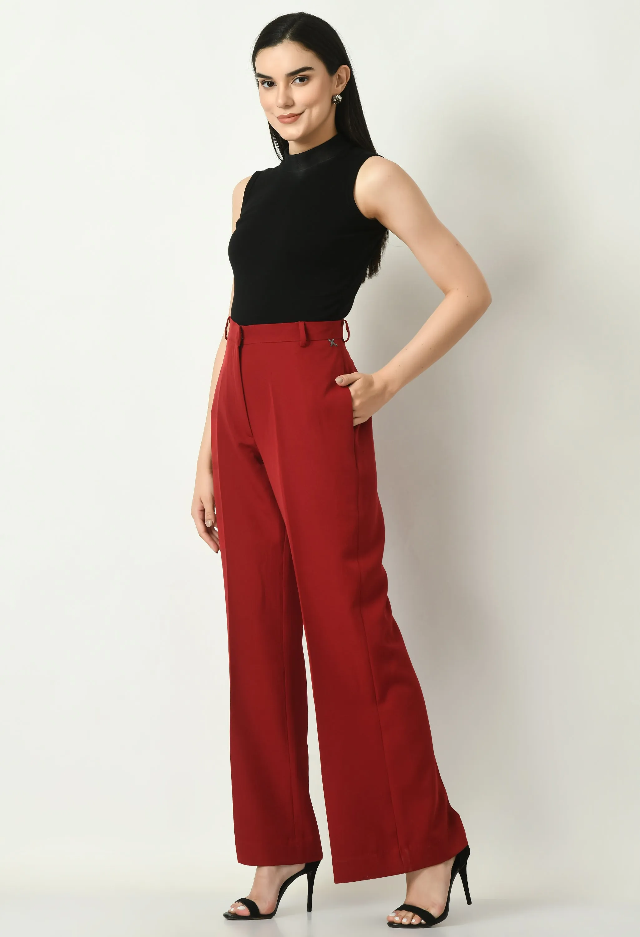 Exude Eminence Solid Bootcut Trousers (Red)