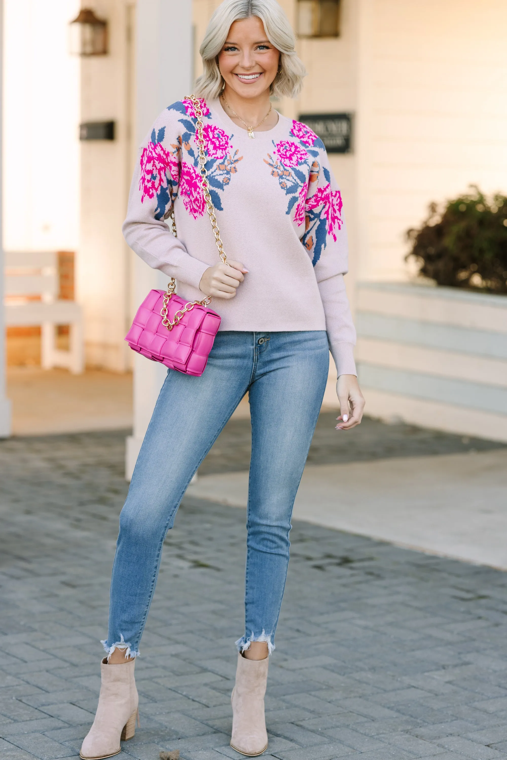 Fate: Happy To See You Blush Pink Floral Sweater