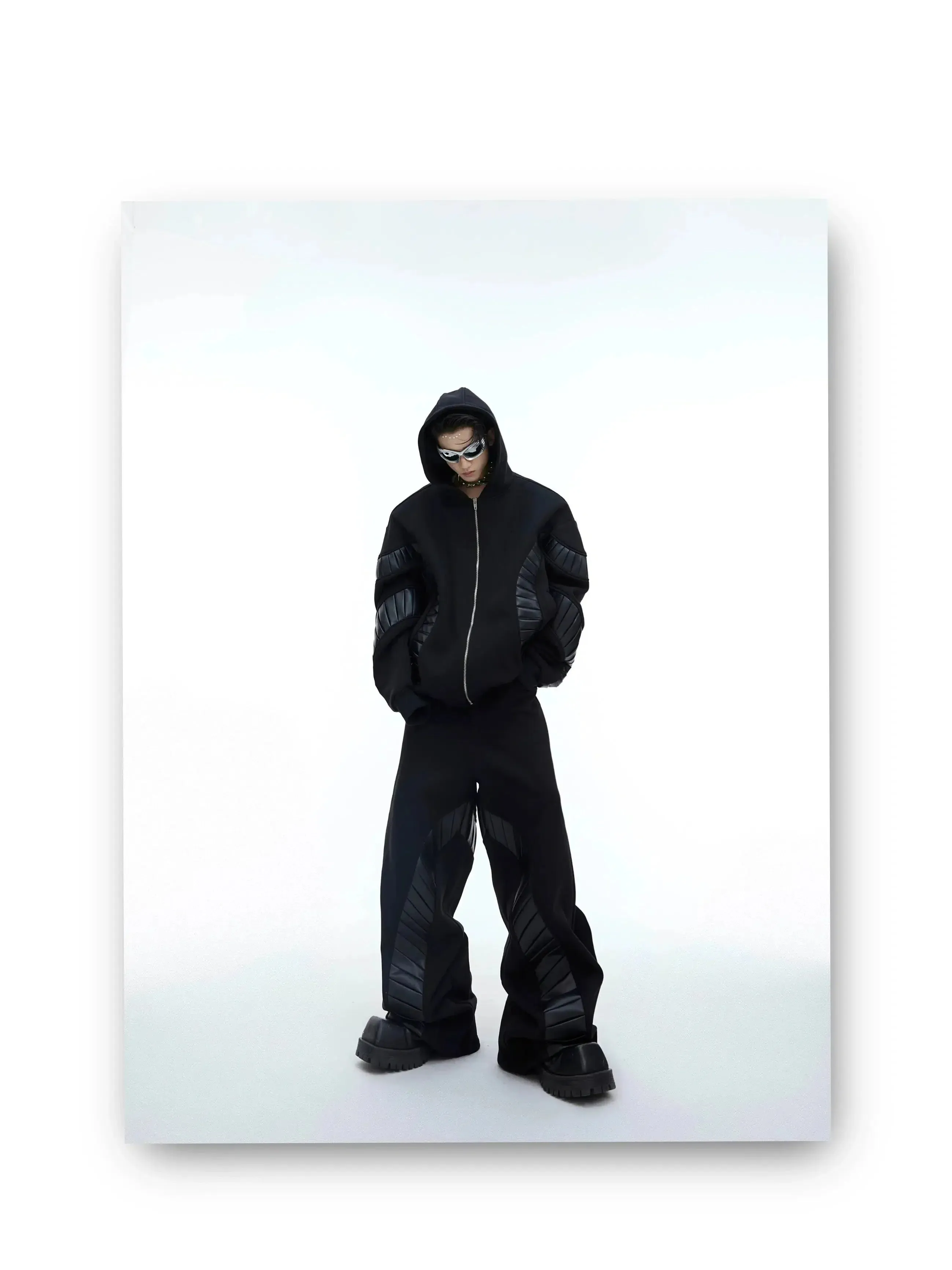 Faux Leather Spliced Detail Hoodie & Pants Set