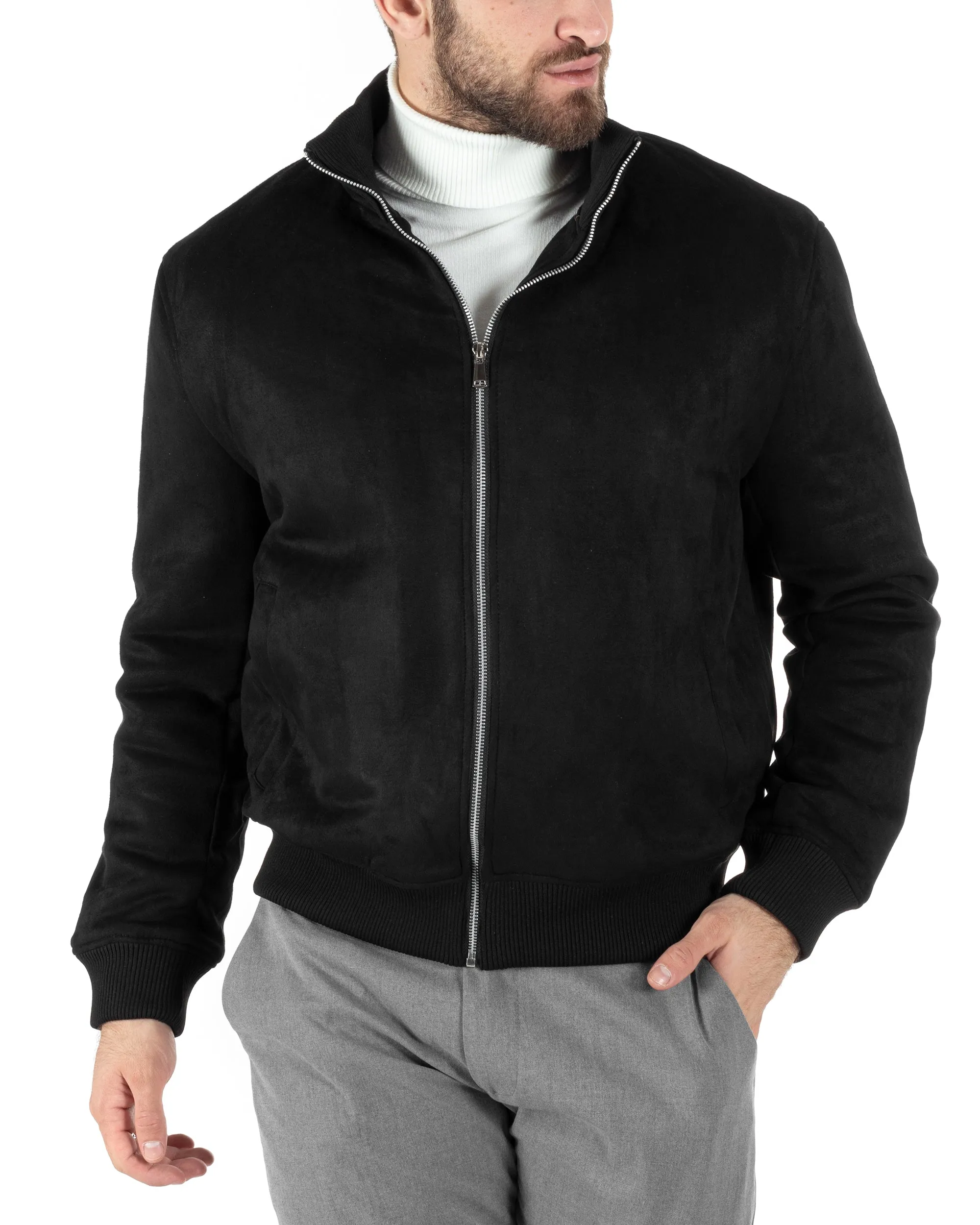 Giubbotto Uomo College Con Colletto Camoscio Tinta Unita Nero Casual GIOSAL-G3147A