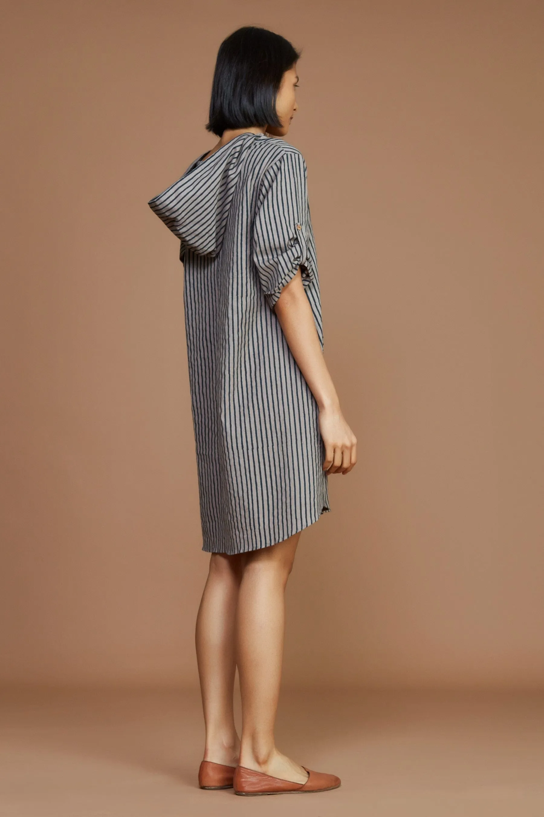 Grey With Charcoal Striped Hooded Dress (Ready to Ship)