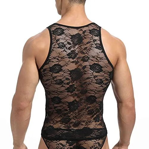 Men's Sissy Lace Mesh Fishnet Undershirt Floral Muscle Shirt Sheer See Through Tanks Top Sleeveless Slim Fit Semi Transparent Vest Singlet Gym Tee Shirts 02# Black X-Large