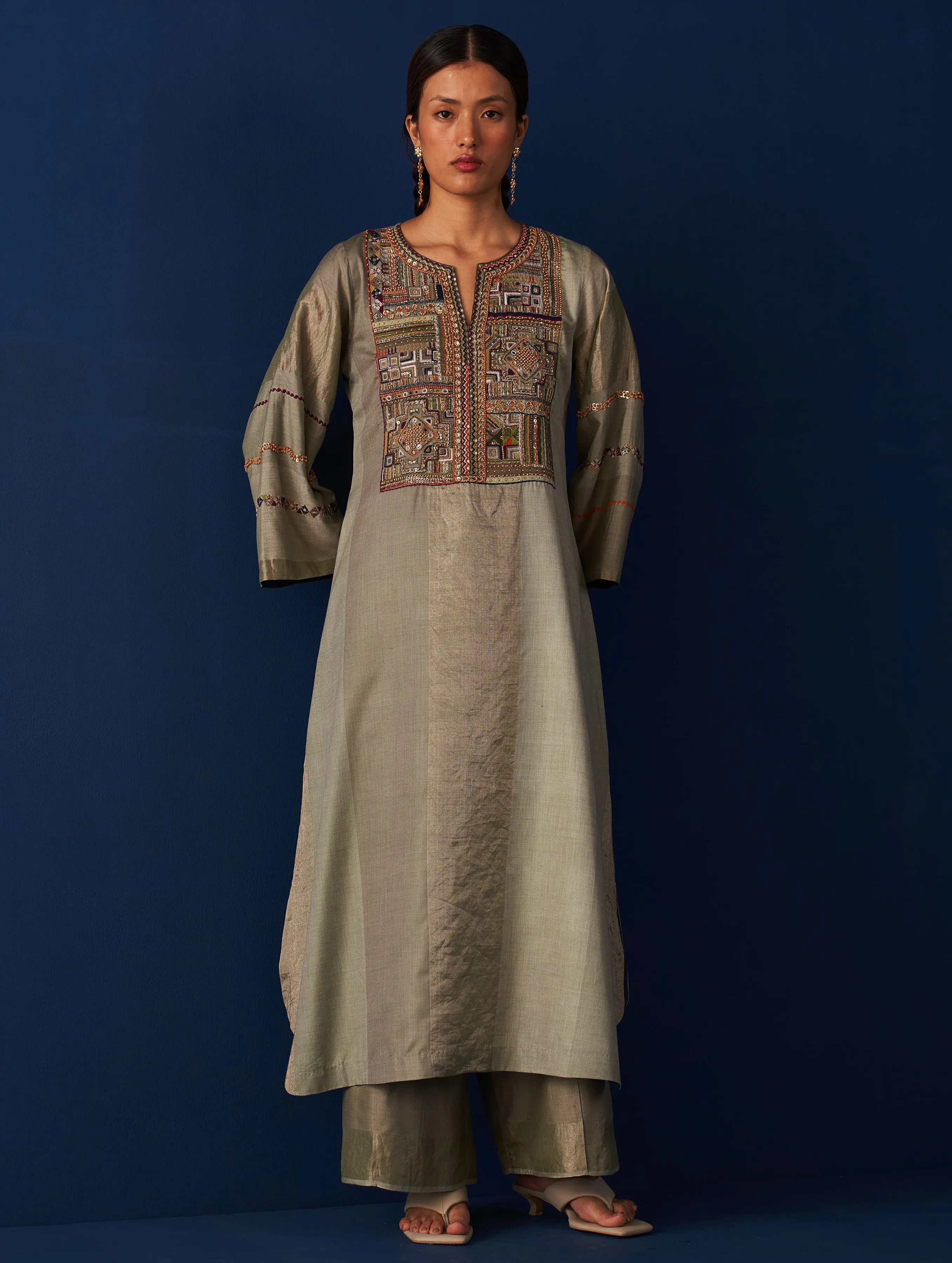 Nira Hand-Embroidered Kurta Set - Sage Grey