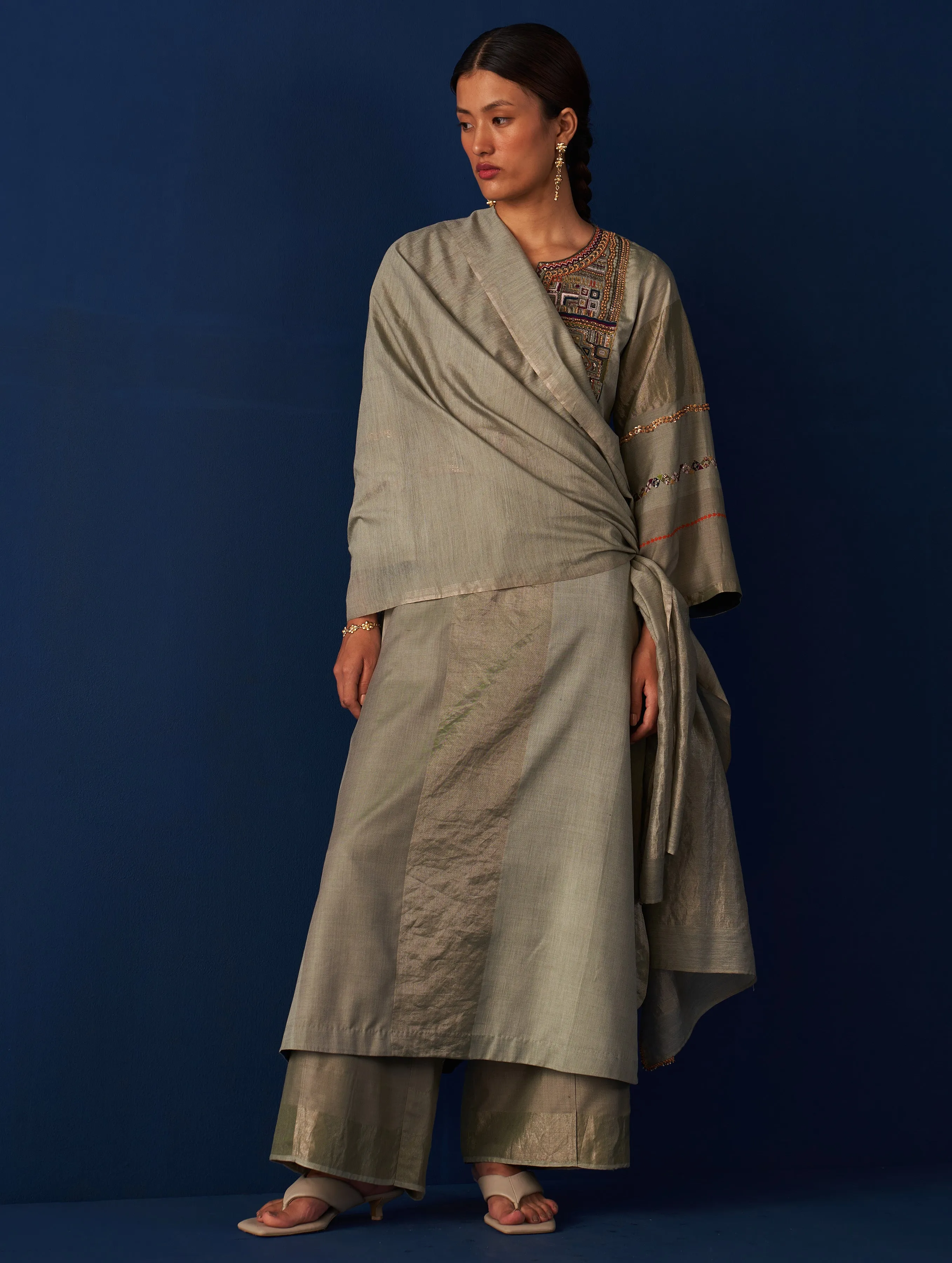 Nira Hand-Embroidered Kurta Set - Sage Grey