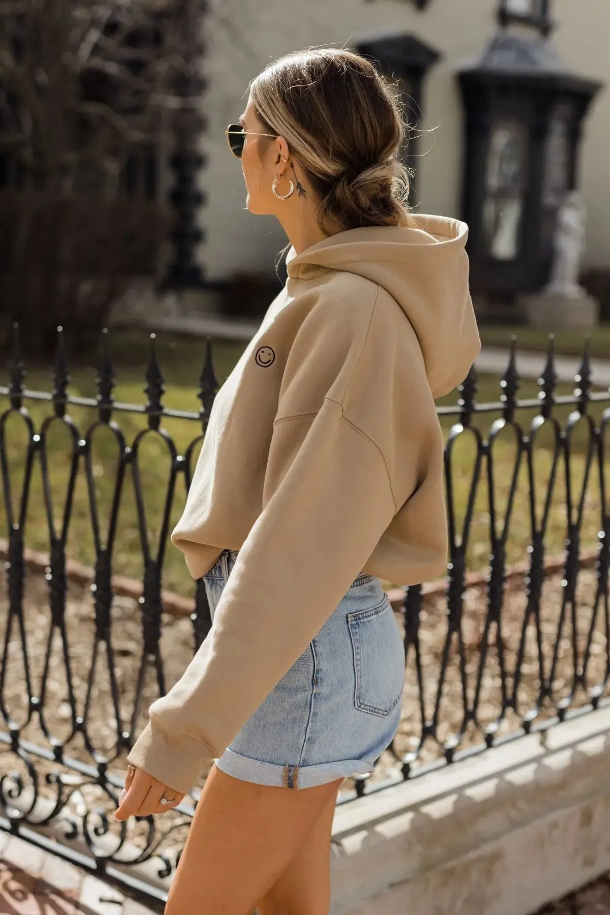 Norah Taupe Happy Embroidered Hoodie - FINAL SALE