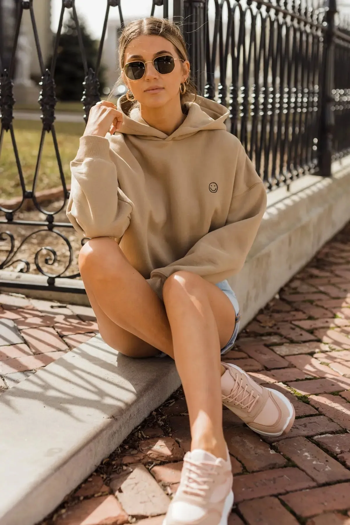 Norah Taupe Happy Embroidered Hoodie - FINAL SALE