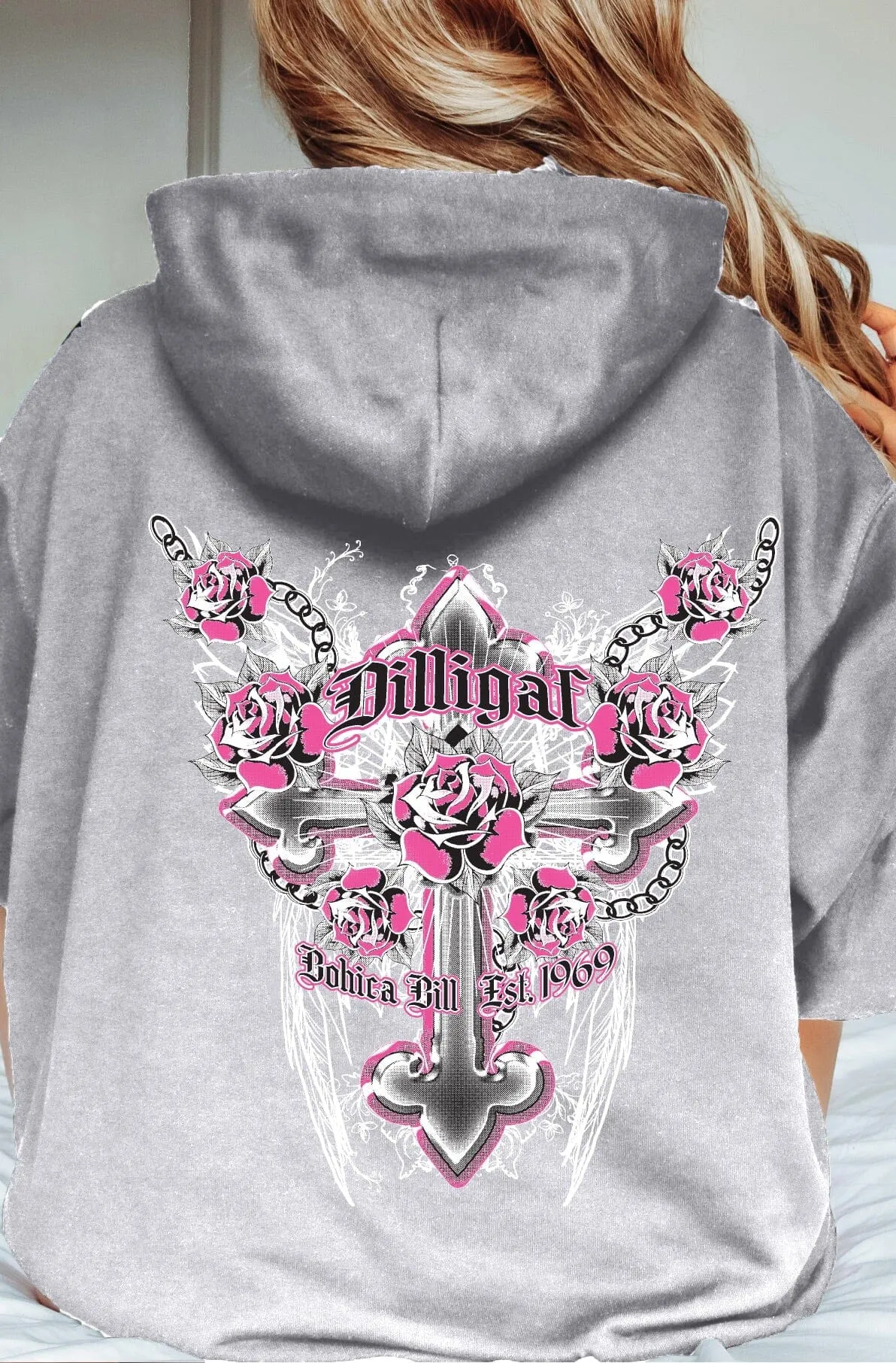 Pink Cross and Roses Zip Up Hoody