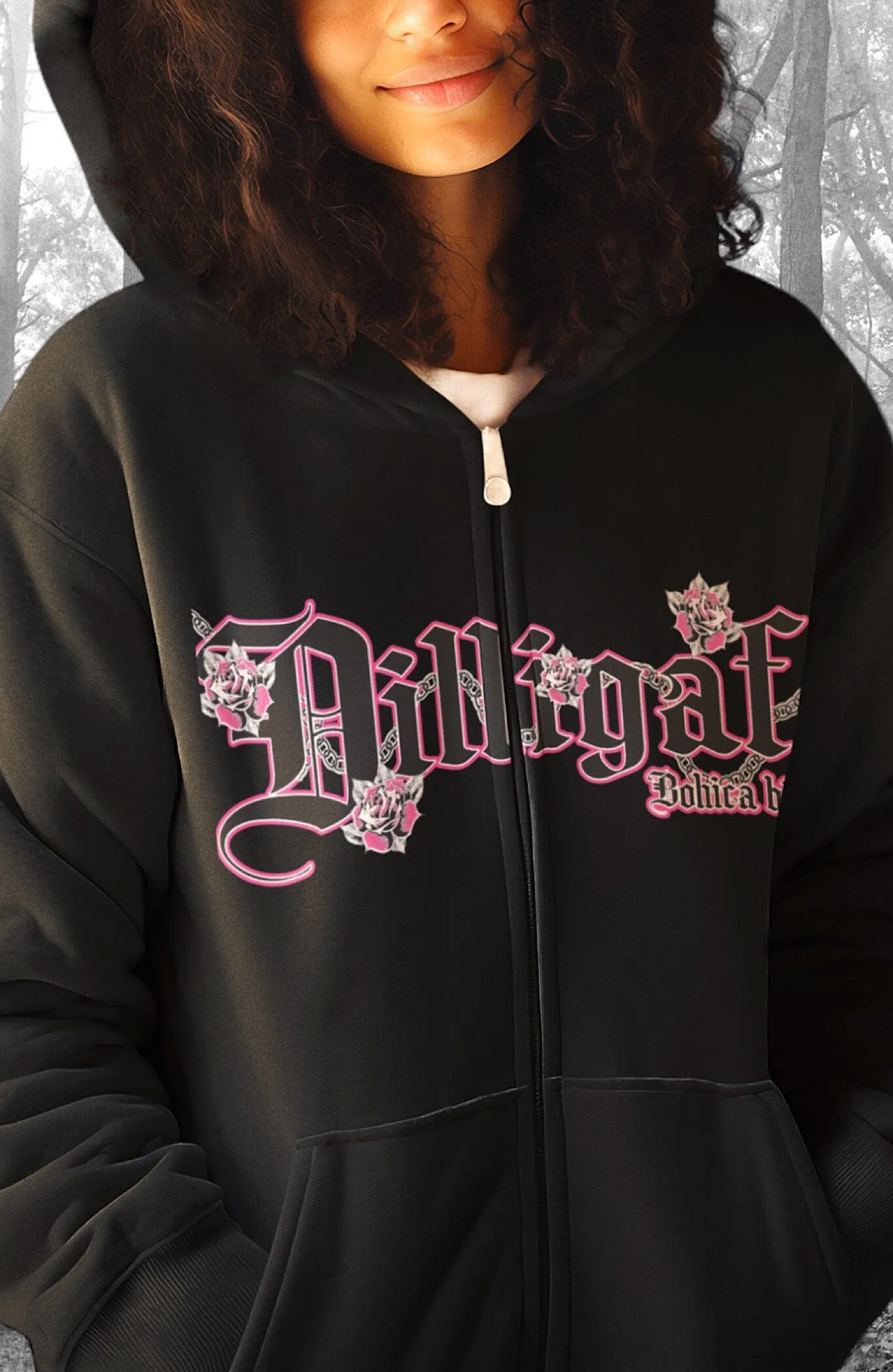 Pink Cross and Roses Zip Up Hoody