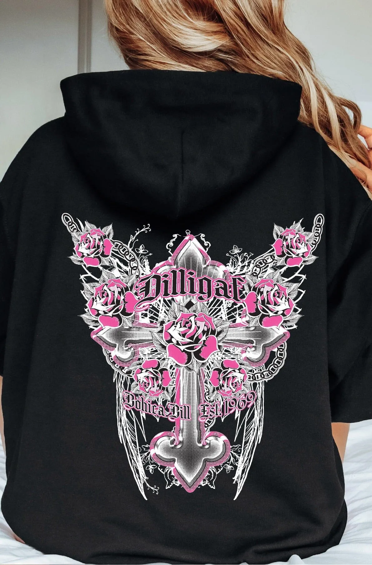 Pink Cross and Roses Zip Up Hoody