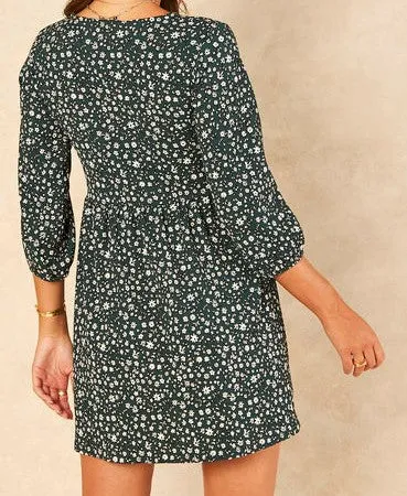 Signage Textured Short 3/4 Sleeve Floral Printed Dress