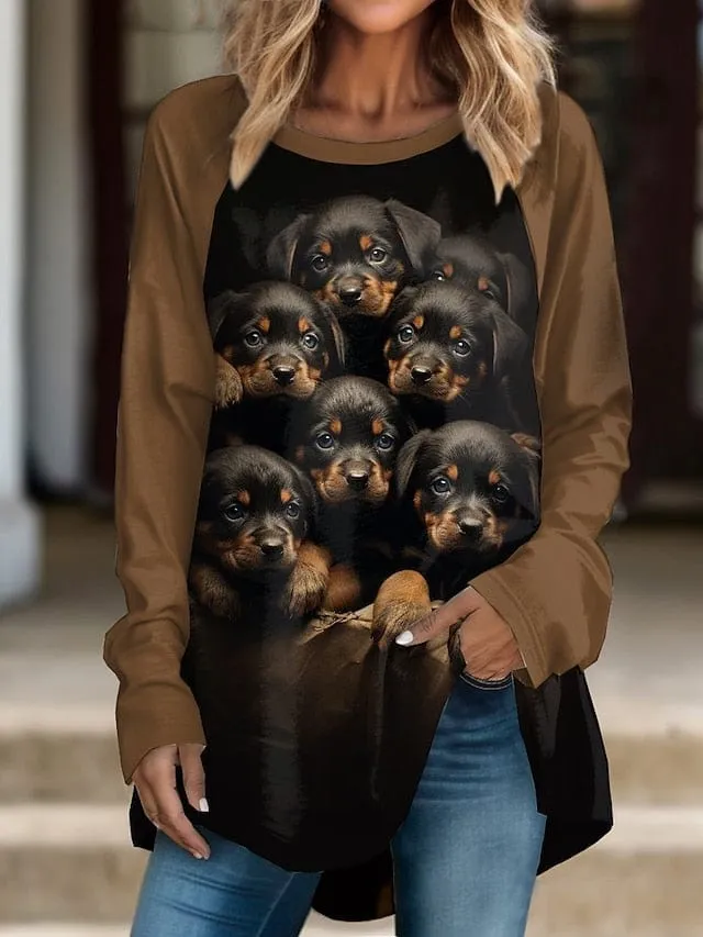 Stylish Women's Dog Print Long Sleeve T-shirt with Round Neck