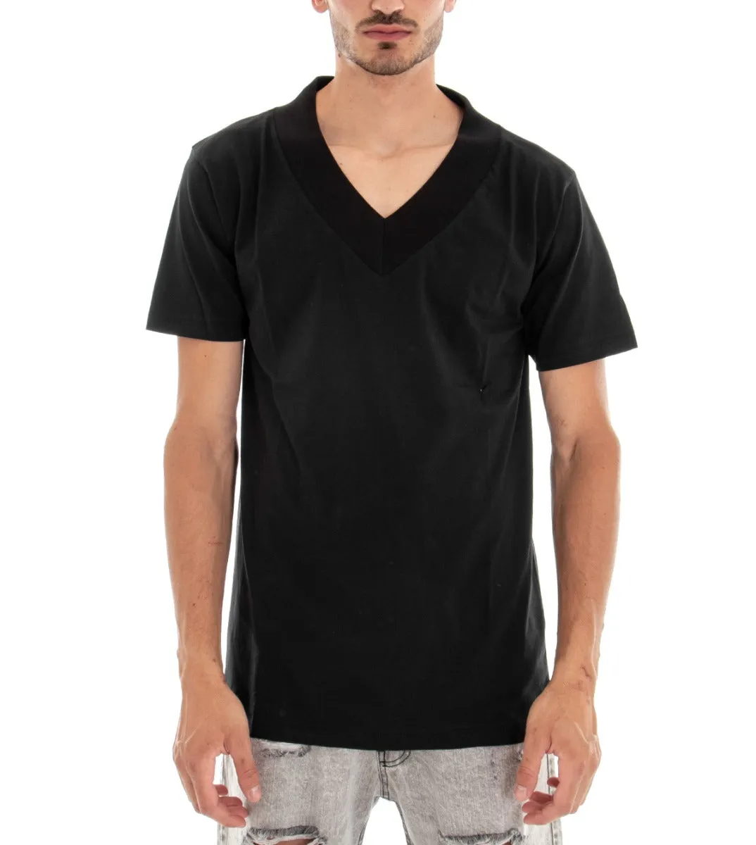 T-shirt Uomo Maglia Manica Corta Scollo a V Tinta Unita Nero Cotone GIOSAL