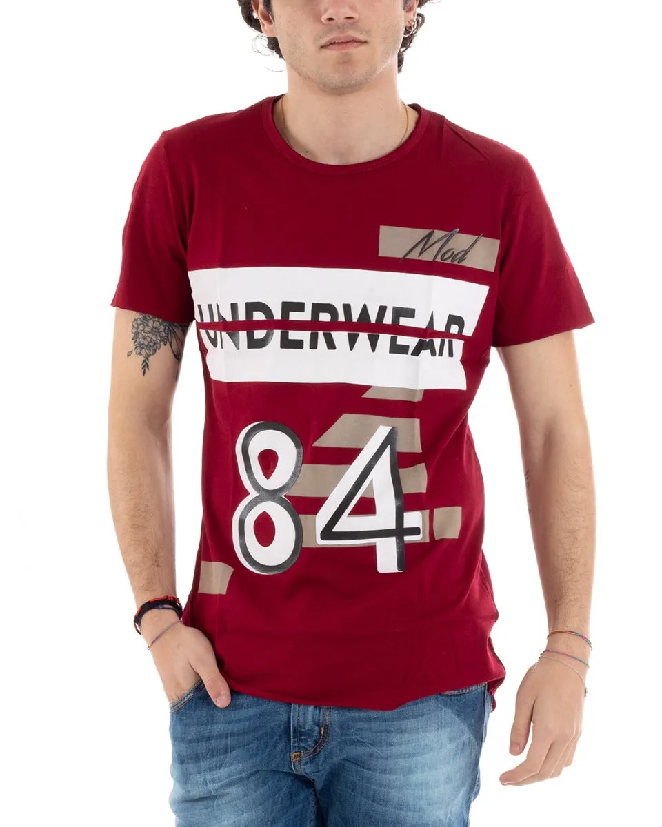 T-Shirt Uomo MOD Girocollo Mezza Manica Bordeaux Stampa Righe Numeri Casual GIOSAL-TS2838A