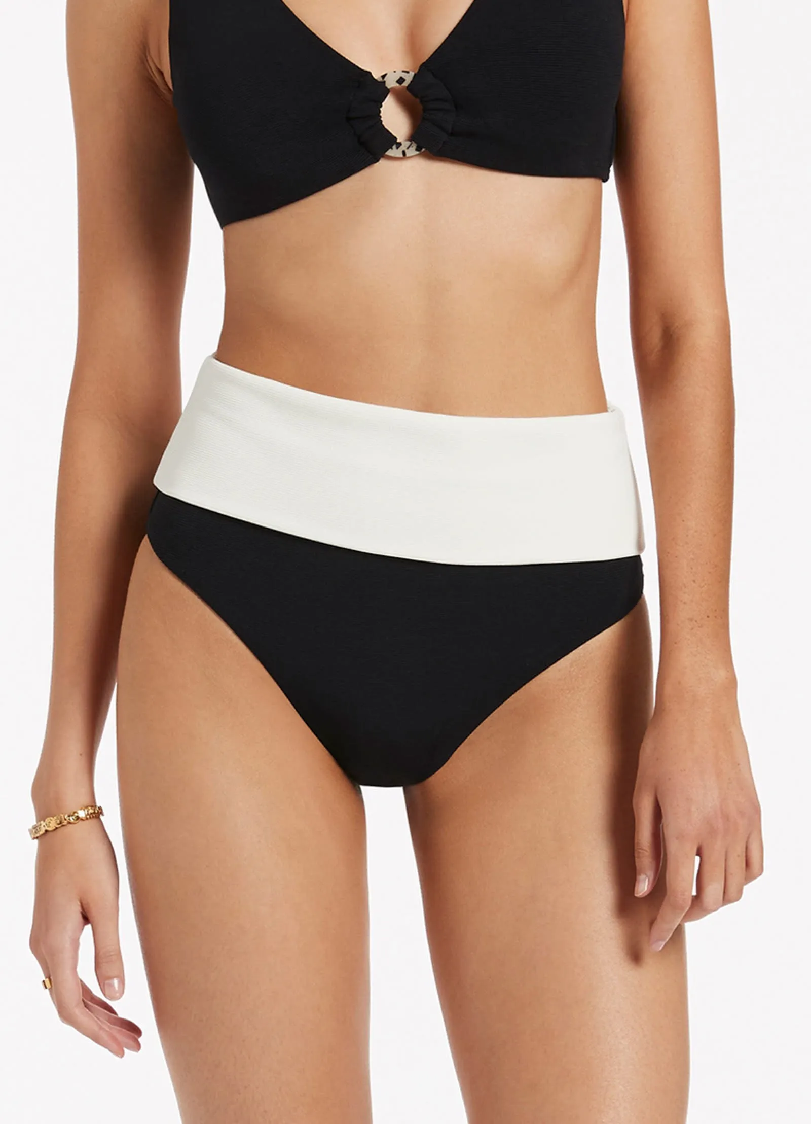 Versa Rib Fold Down High Waisted Bikini Bottom - Black/Cream