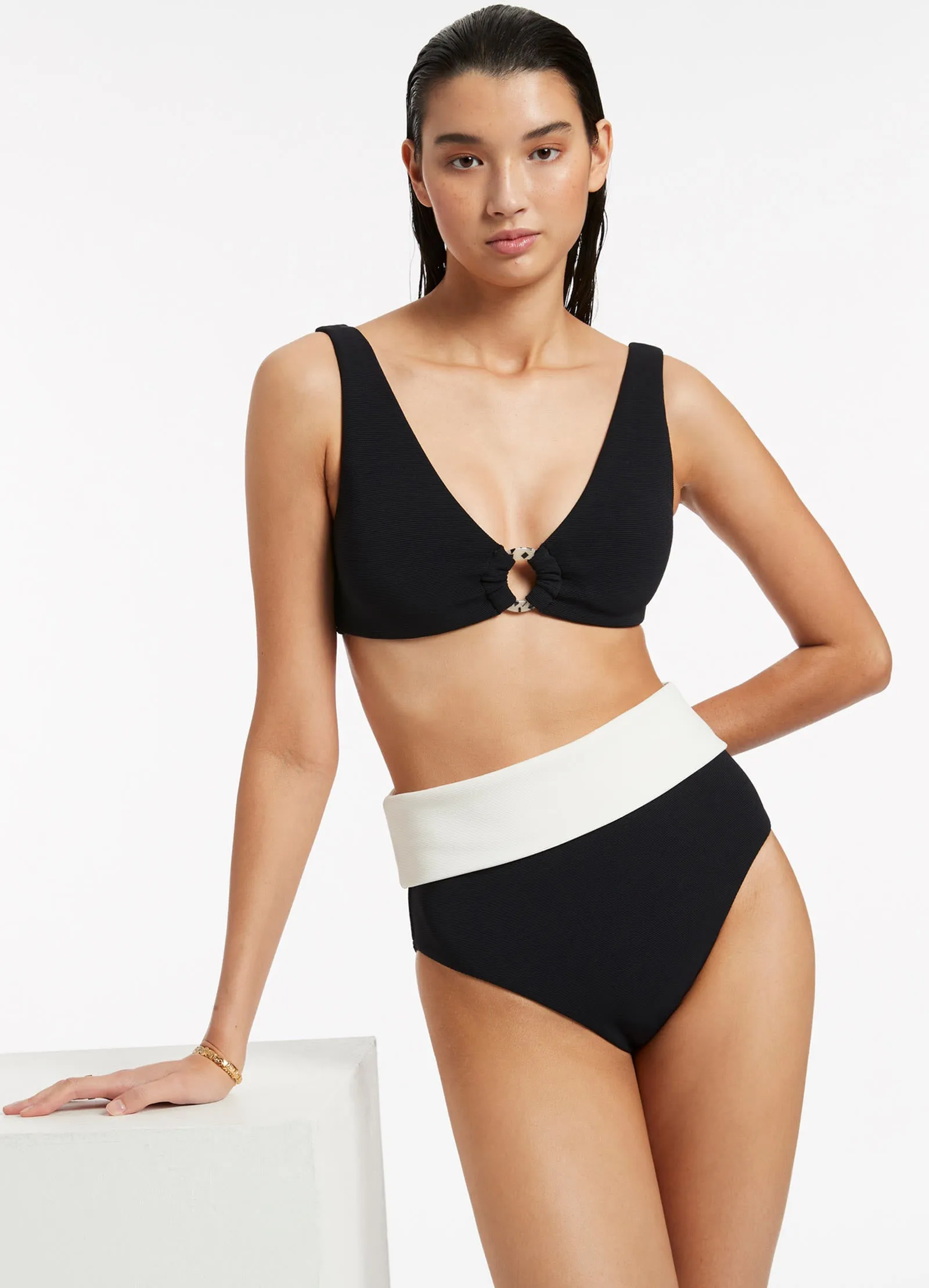 Versa Rib Fold Down High Waisted Bikini Bottom - Black/Cream